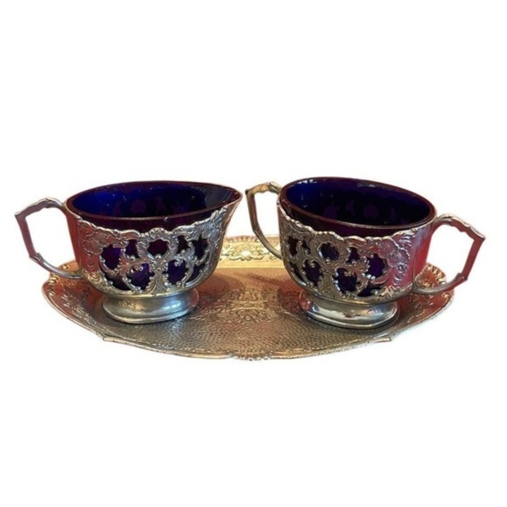 Vintage Cobalt Blue Glass Creamer and Sugar Set Silver Filigree Japan 3 Piece